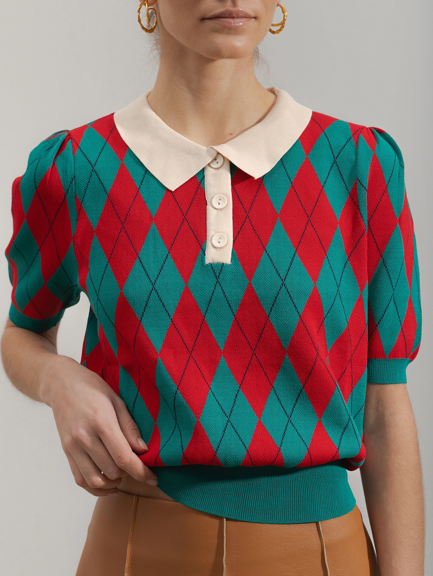 Футболка-поло вязаная с принтом "ромб"