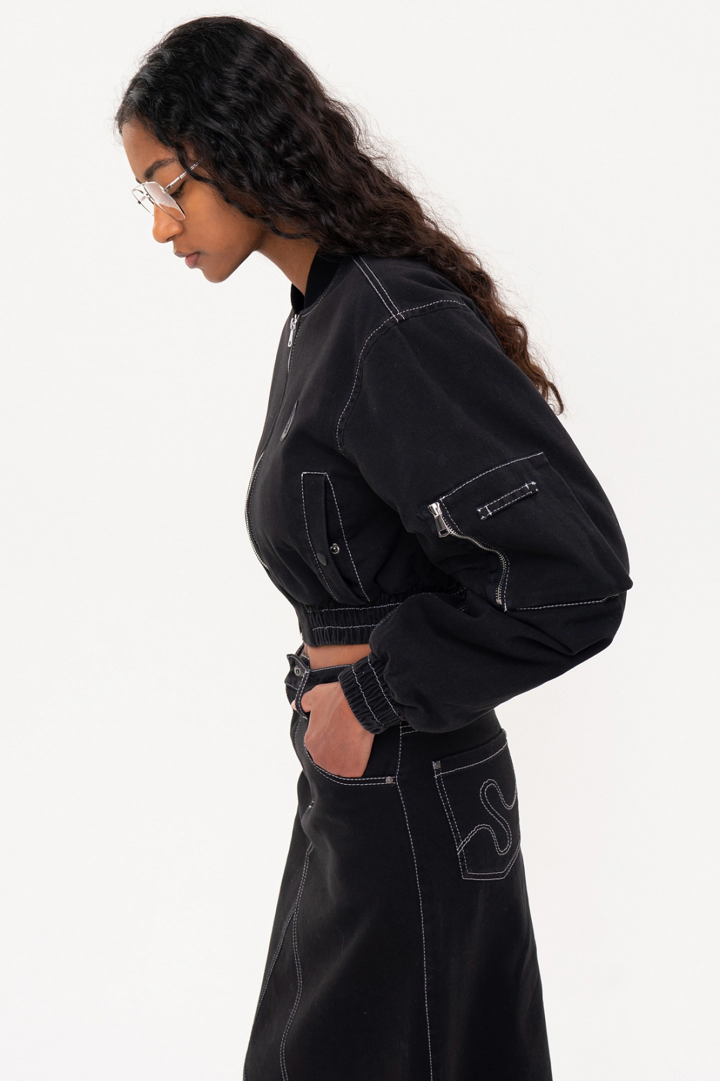 Short bomber jacket with wide sleeves  and a denim maxi skirt