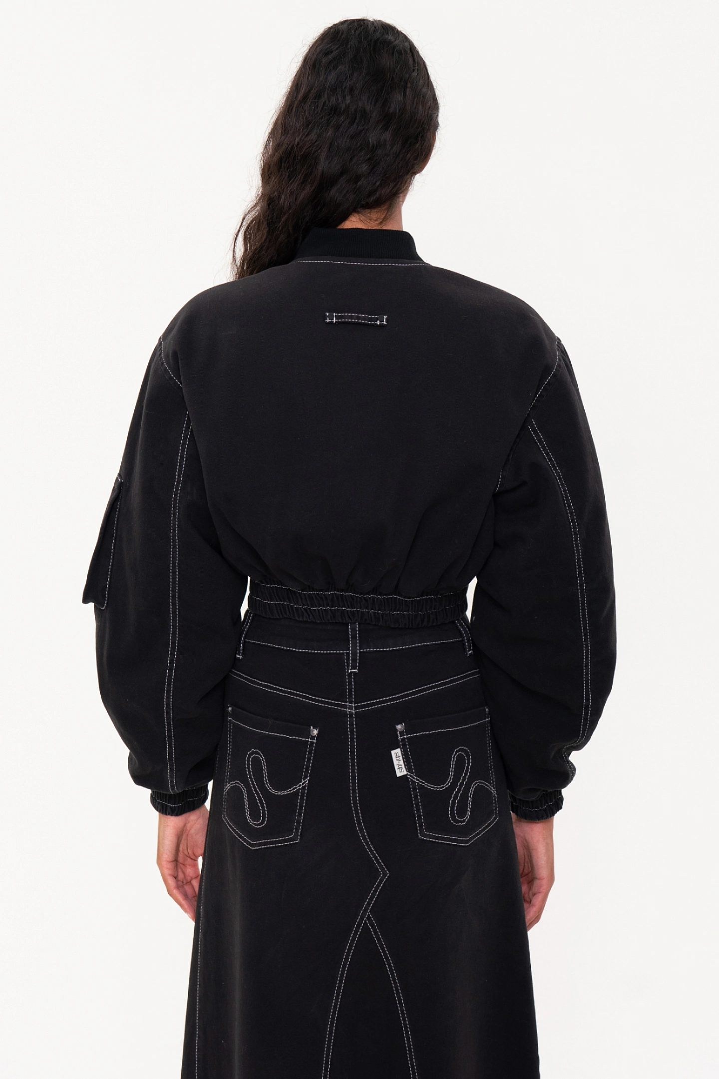 Short bomber jacket with wide sleeves  and a denim maxi skirt