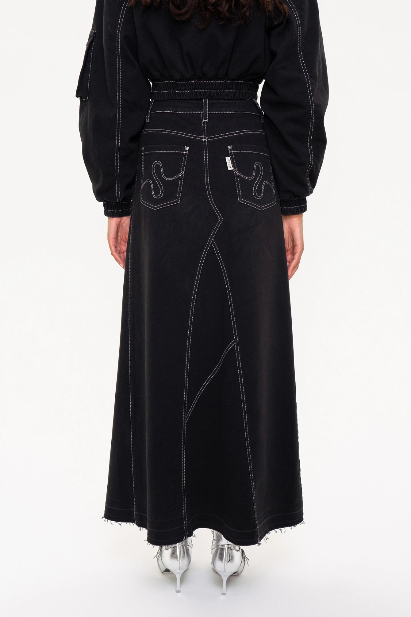 Short bomber jacket with wide sleeves  and a denim maxi skirt