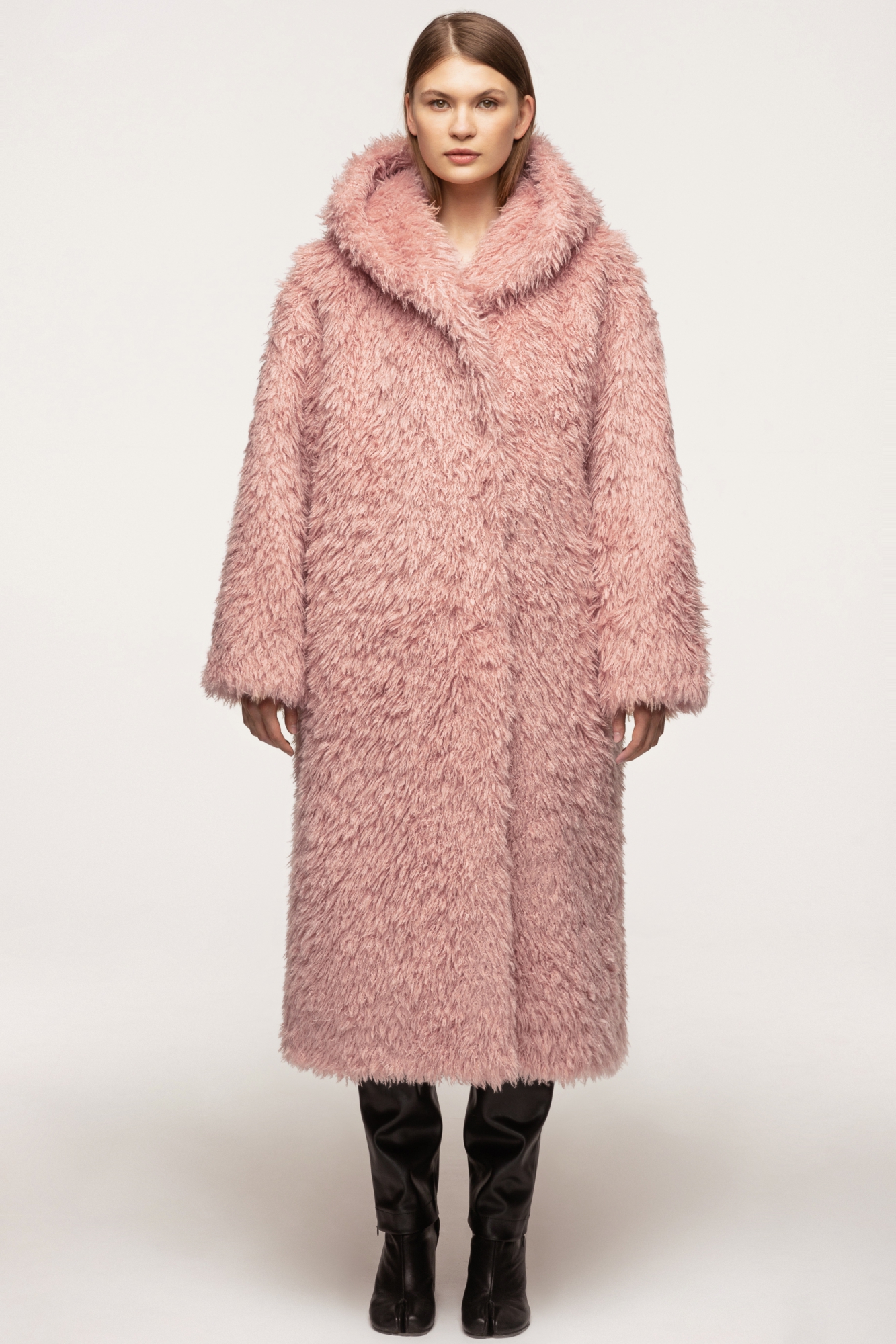 Double-breasted fur coat with hood — SHI-SHI