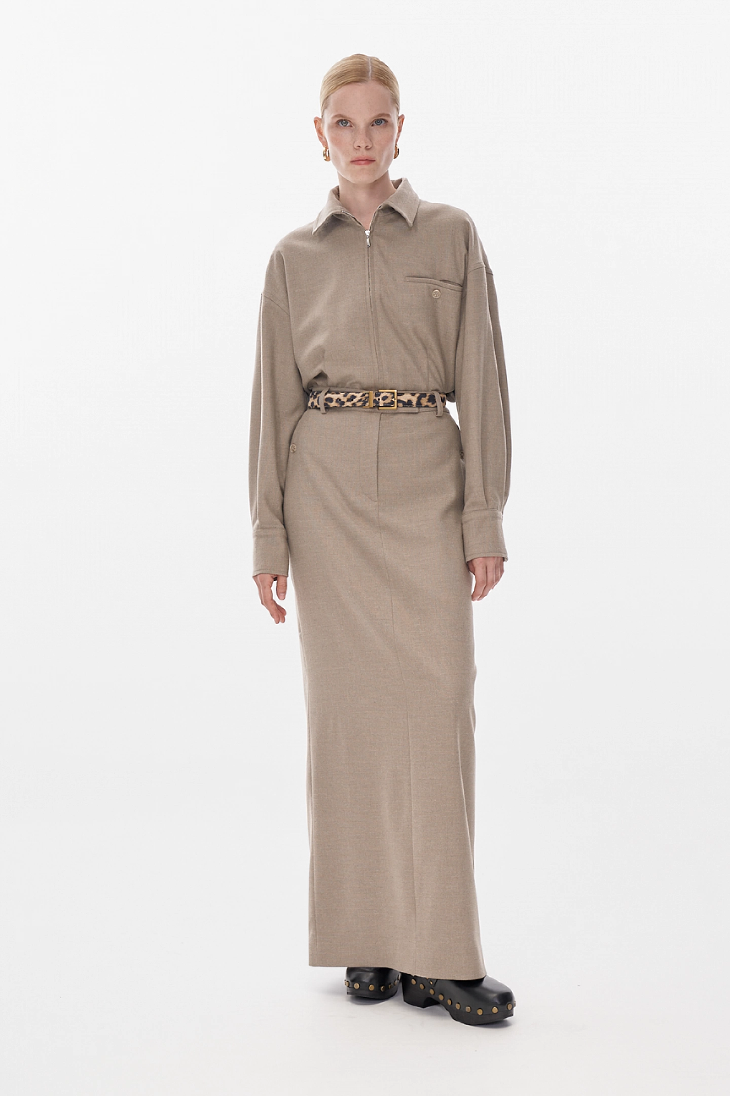 Flannel shirt and midi skirt with slit