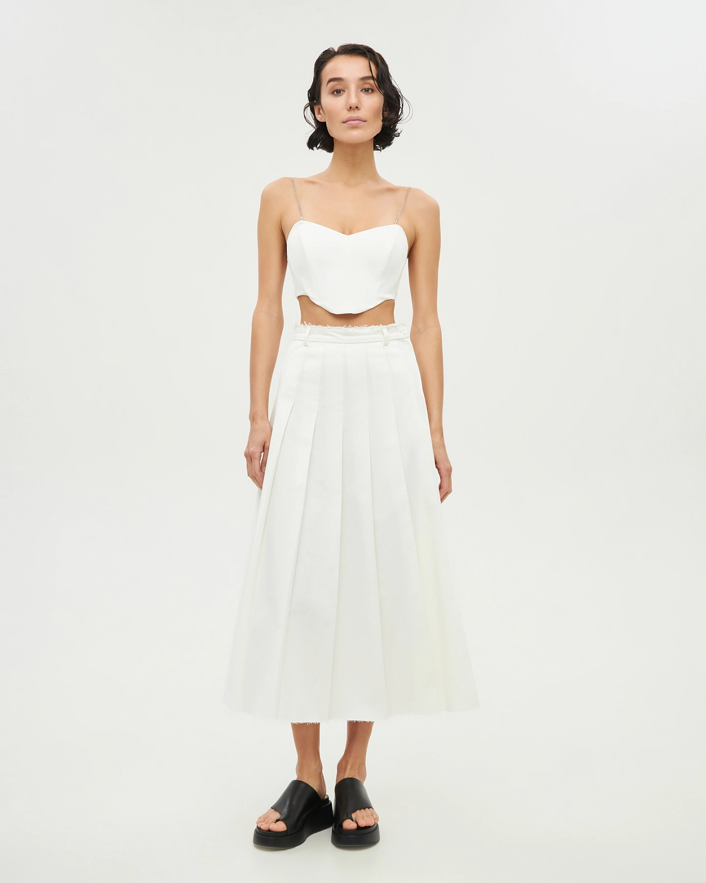 Cotton midi pleated skirt