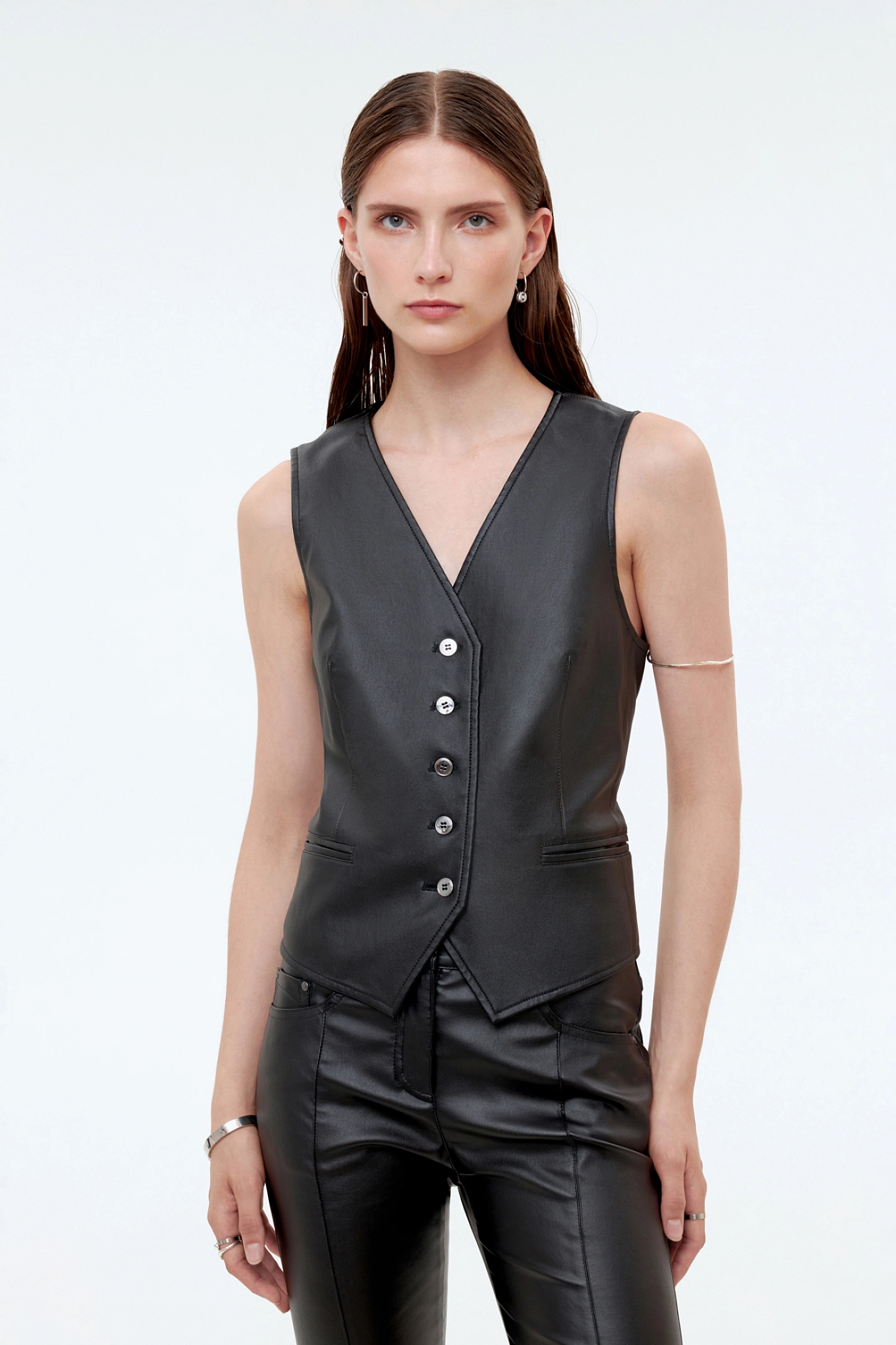 Button-down vest and flared pants
